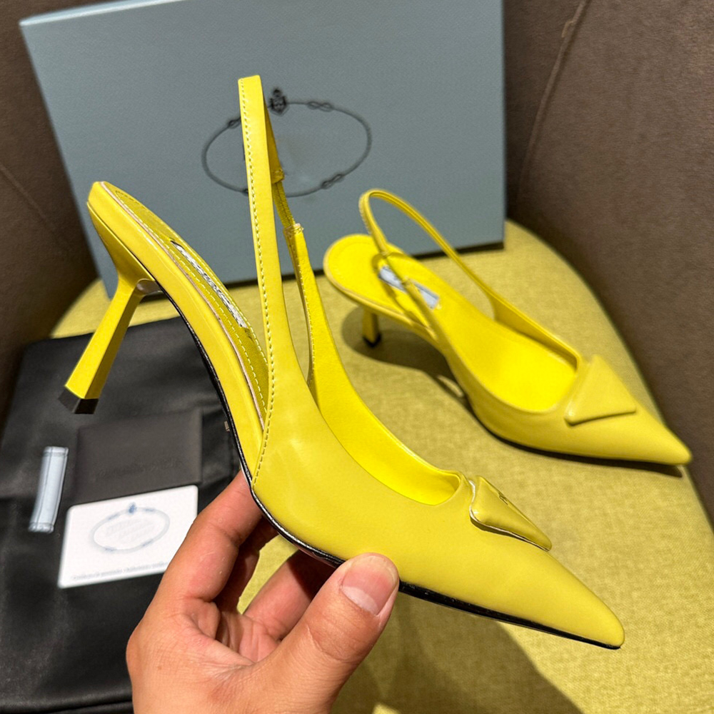 yellow polish leather Slingback Pumps shoes padded Evening point toe Heels sandals 75mm women heeled Luxury Designer Dress shoe factory footwear-image-932301302