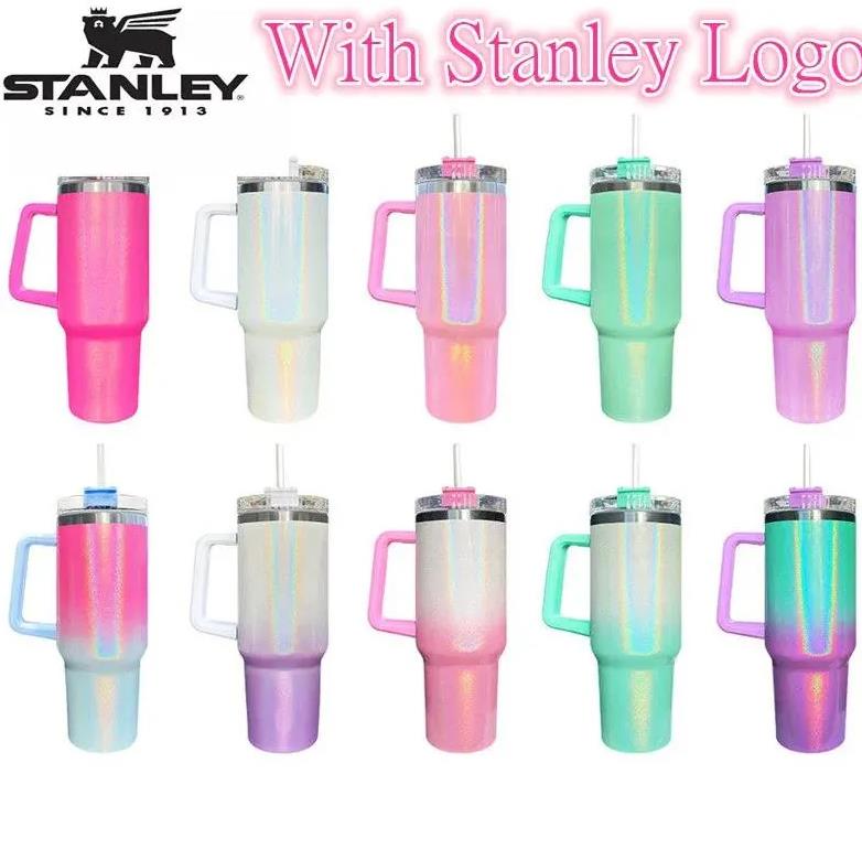 With Logo Stanley 40oz Mug Tumbler With Handle Insulated Gradient GlitterTumblers Lids Straw Stainless Steel Coffee Termos Cups Outdoor NEW-image-247951364