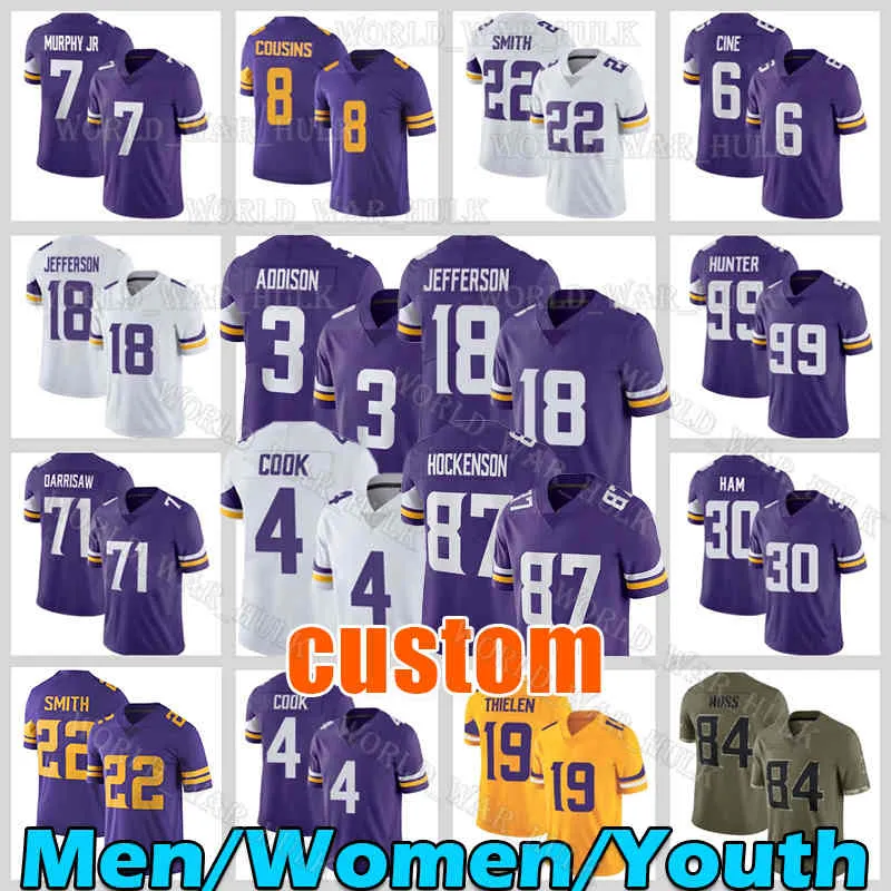 

18 Justin Jefferson 3 Addison Football Jersey 4 Dalvin Cook Harrison Smith TJ Hockenson Randy Moss CJ Ham Kirk Cousins Minnesotas Vikings Ca, Women jersey(w j r)