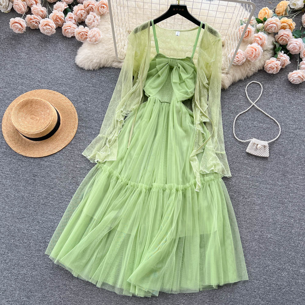 

Two Piece Dress Basic Casual Dresses New Fashion Sets Women's Summer 2023 New Fashion Lace Sunscreen Shirt + Sleeveless Dress Solid Color, Same as picture