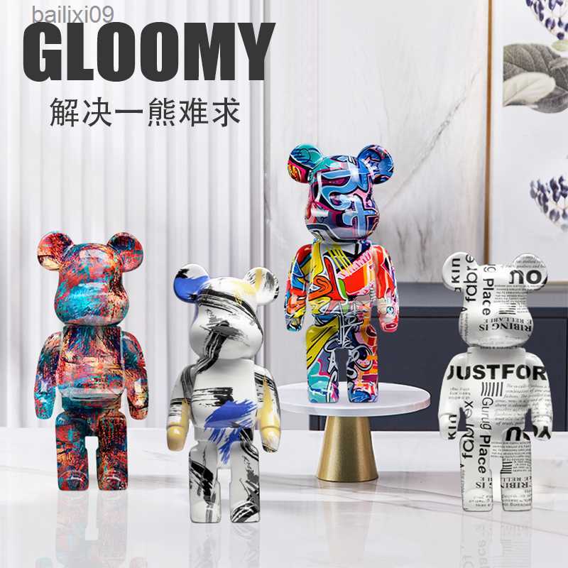 Decorative Objects Creative Graffiti Bear Sculpture Resin Nordic Home Living Kawaii Room Decor Desk Accessories Figurines for Interior T230710-image-883676960
