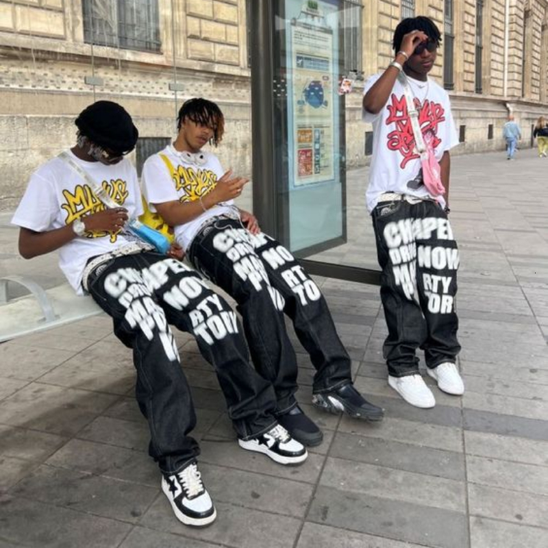 Mens Jeans Street Apparel Y2K Printed Letter Subtracted Two Black Pants Harajuku Fashion Casual Loose Men Rock WideLeg 230710