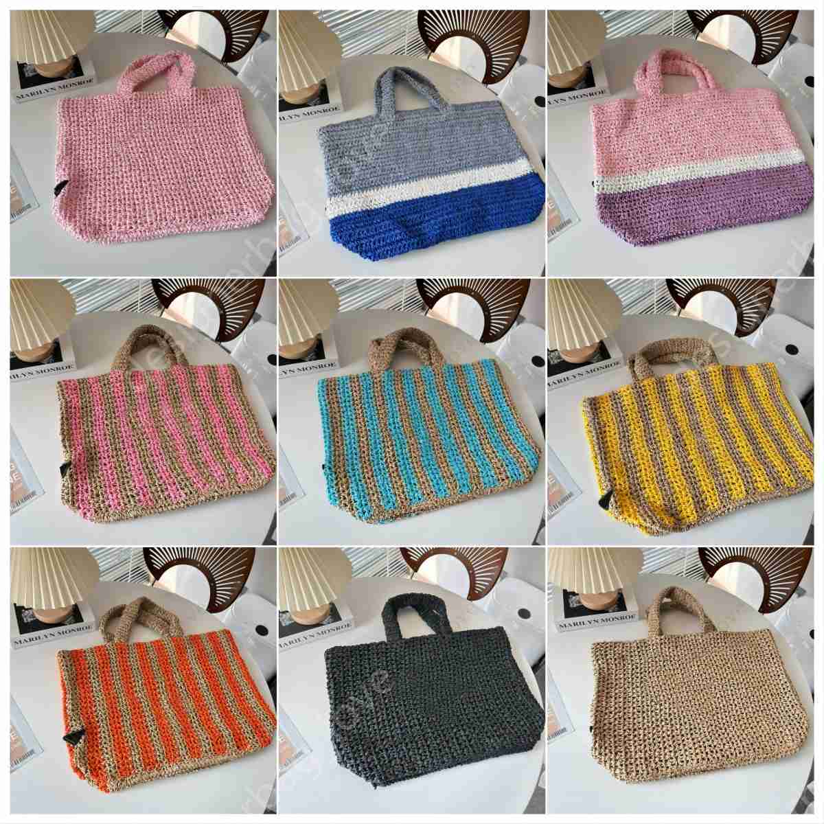 

Large Stripe Straw Bags designer bag Woman Crochet tote bag luxury handbag Summer Shopping Purse Totes shoulder handbags Triangle Top Quality 49cm, Splicingblue-39x34cm