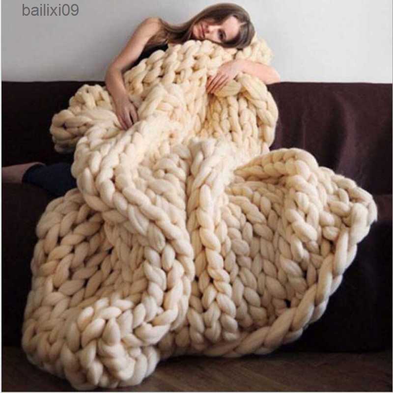 Blankets Fashion Chunky Merino Wool Blanket Thick Big Yarn Roving Knitted Blanket Winter warm Throw Blankets sofa bed blanket T230710-image-883640910