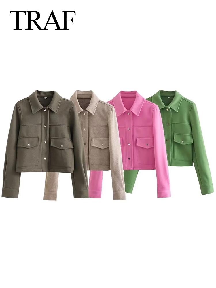 

Raincoats Traf Women's Jackets Button Down Turndown Collar Shirts Jacket Short Trendy Outwear Jackets with Pockets, Beige
