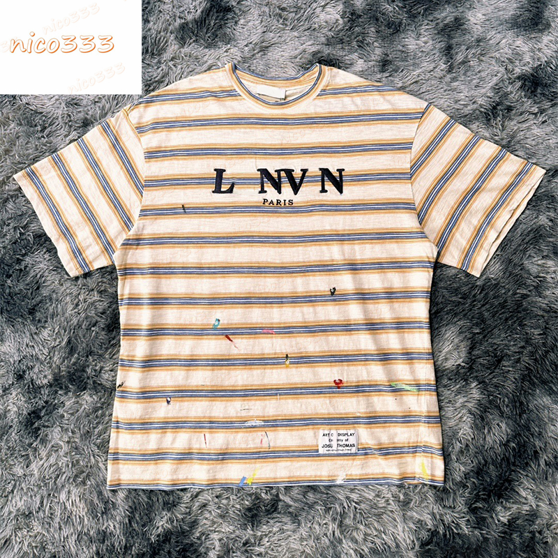 

23ss New t shirt GA Depts striped ink graffiti embroidery beige round neck loose cotton versatile men women short sleeve, #01