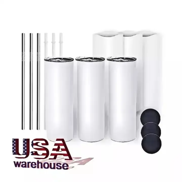 

US CA Stock DIY Sublimation Tumbler 20oz Straight Tumblers Metal Straw Stainless Steel Slim Tumble Vacuum Insulated Travel Mugs 25pcs JN15, White