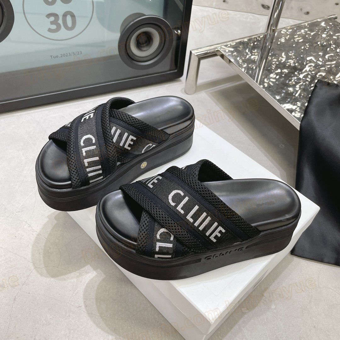 

Designer sandals slides Textile chunky sandals BLOCK Slide Mesh platform Jacquard slippers Round Toe cross straps rubber bottom beach slides outdoor shoes sandals, 1-black
