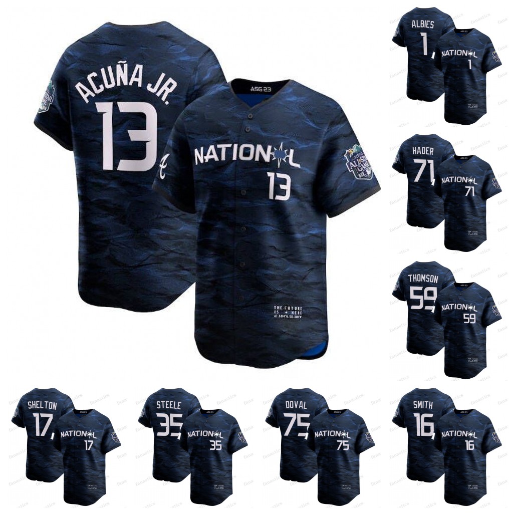 

Ronald Acuna Jr. National League 2023 All Star Game Baseball Jersey Will Smith Elias Diaz Ozzie Albies Lourdes Gurrile Jr. Jorge Soler Justin Steele Marcus Stroman, Flex base mens s-3xl