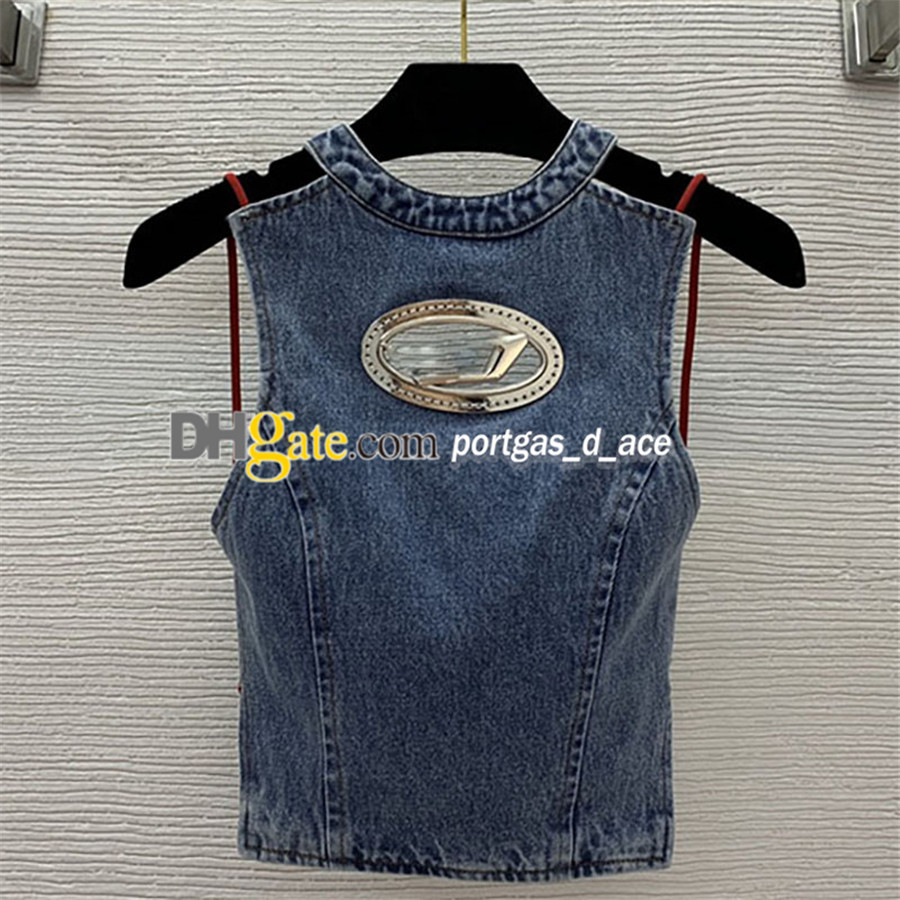 

Designer Denim Tops Women Sleeveless T Shirt Sexy Hollow Chest Letter Design Tanks Halter Backless Blue Summer Vest, Black with label #20231777