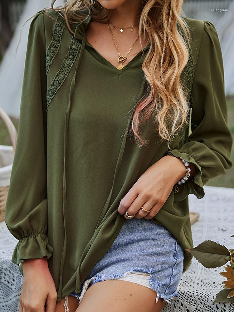 

Women' Blouses Elegant Fashion Women Spring Summer Long Sleeve V Neck Shirts Office Ladies Casual Loose Lace Up Solid Color Basic Tops, Green