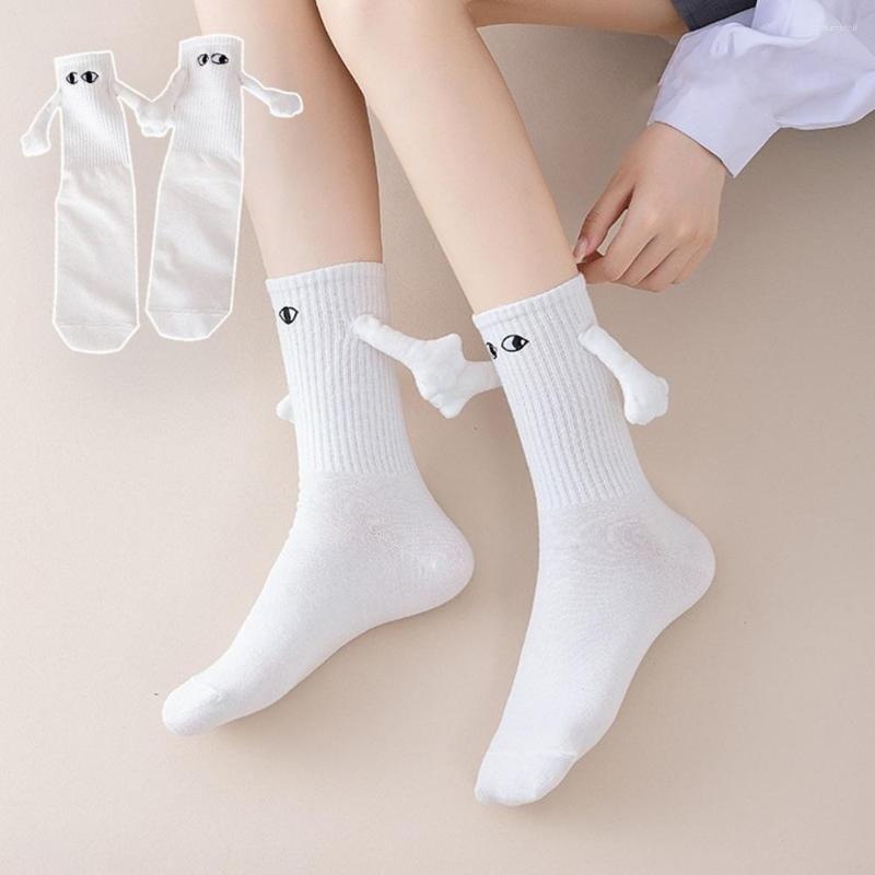 

Women Socks 2 Pairs Magnetic Hand Holding In Couple Hands Funny Mid-Tube Ribbed Anti-slip, White 2