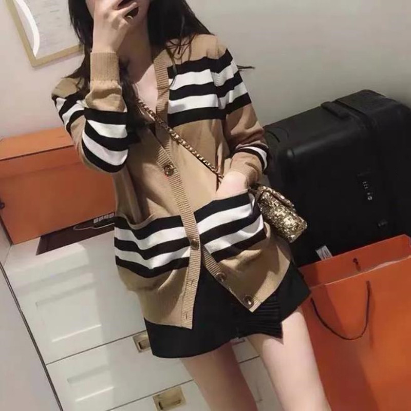 

Women' sweater women jacket cashmere cardigan mid-length knitted V-neck loose striped sweater thin ladies trench coat