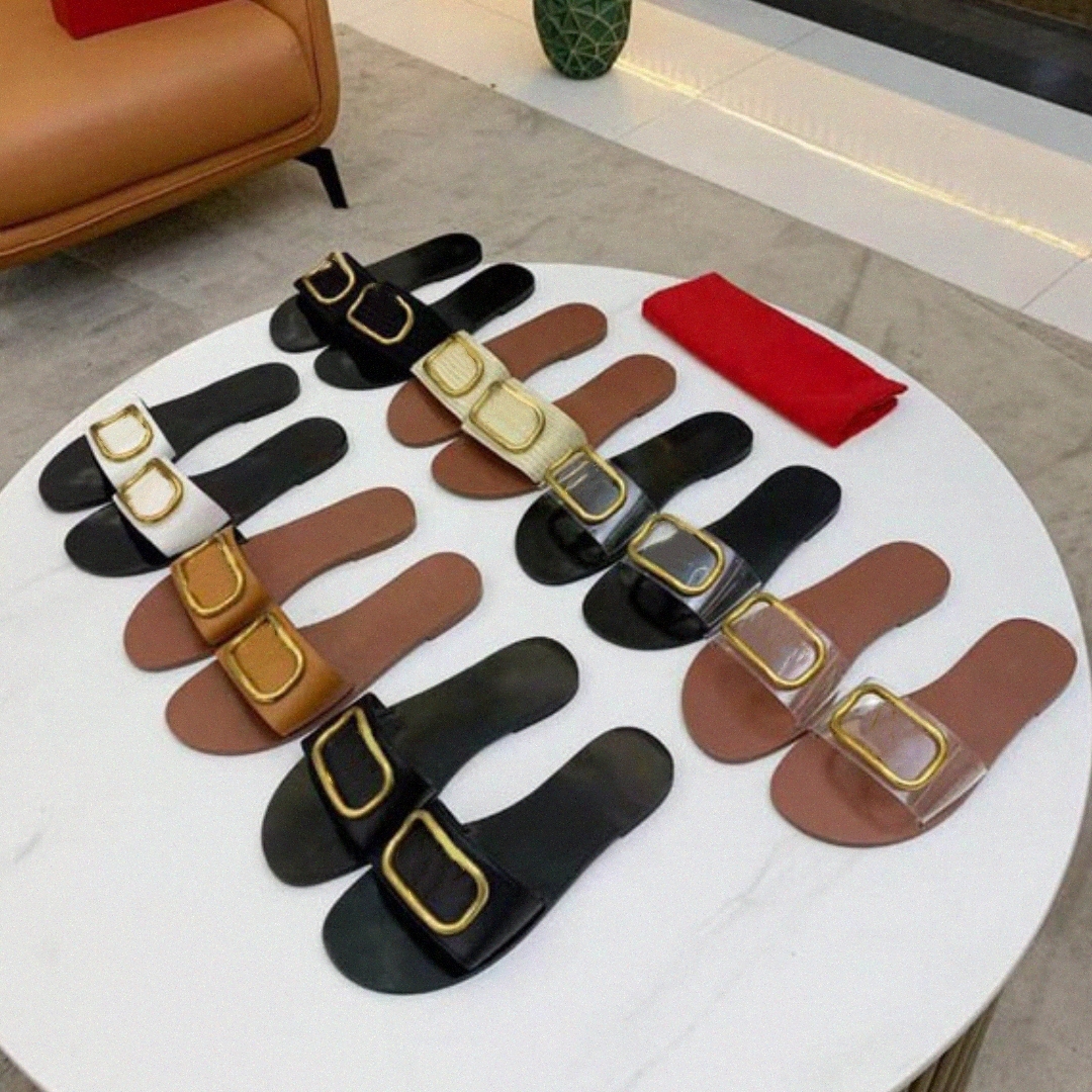 Sandals V Signature slipper summer Slide Sandal slippers Transparent Sandals Grainy Cowhide Flat Shoes Women Designer Beach Casual g9As#-image-883892887