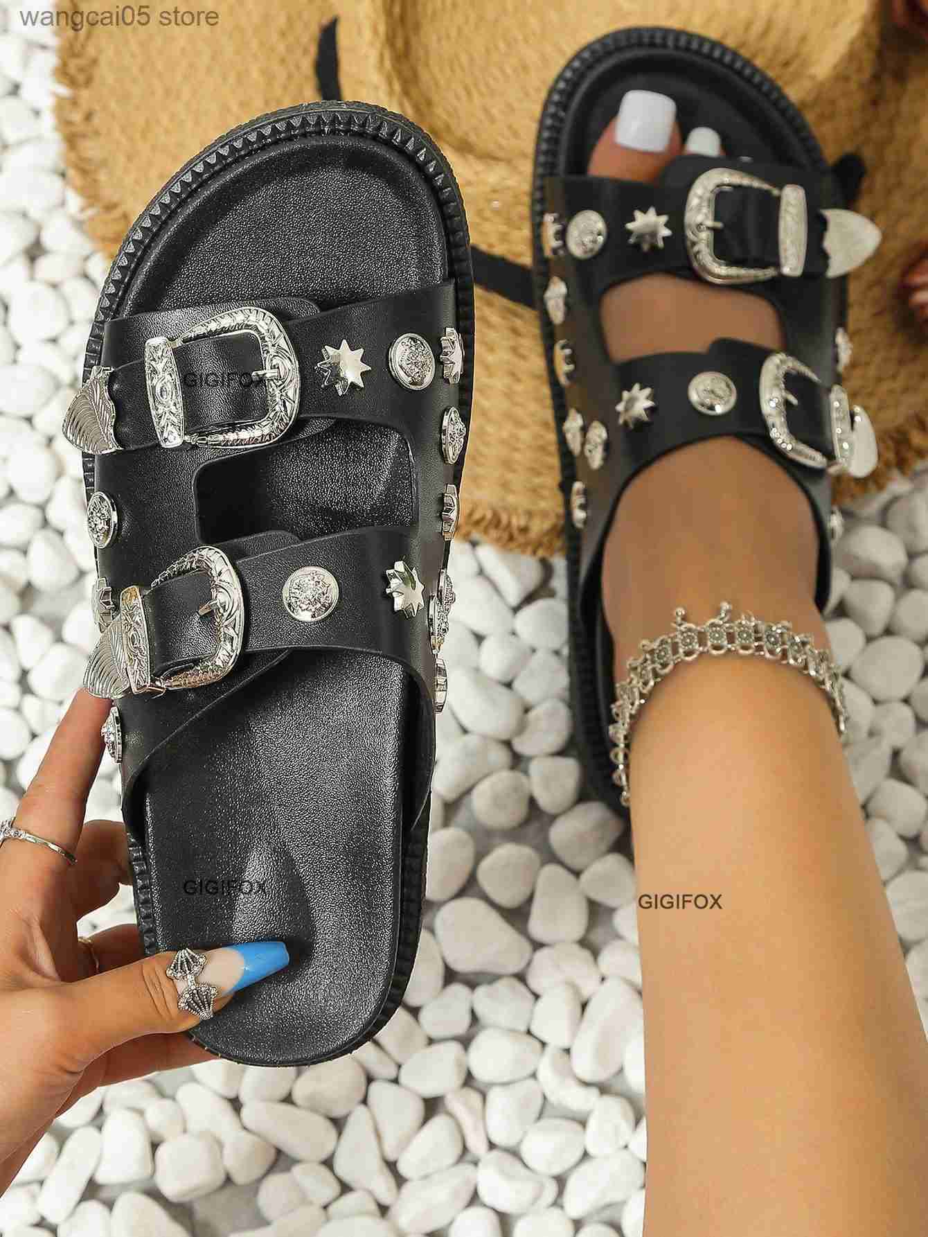 Slippers Punk Black Sandals For Women Studded Buckle Decor Flatform Slide Sandals Open Toe Summer Street Style Goth Shoes Beach Vacation T230711