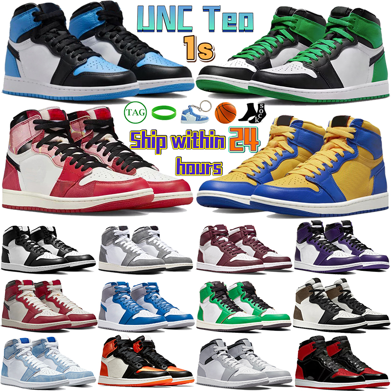 

1s Basketball Shoes for Men Women Jumpman 1 Sports Sneakers Black White University Blue Lost and Found UNC Toe Washed Black Lucky Green OG Womens Mens Trainers, #8- patent bred