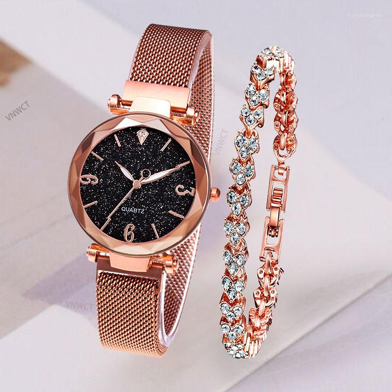 

Wristwatches 2pcs Women Starry Sky Watch Fashion Heart-shaped Bracelet Gold Ladies Wristwatch Luxury Female Diamond Set, Pink