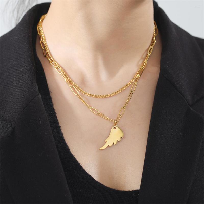 

Chains Lemegeton Fashion Angel Wing Necklaces For Women Double Layer Clavicle Chain Stainless Steel Hip Hop Jewelry