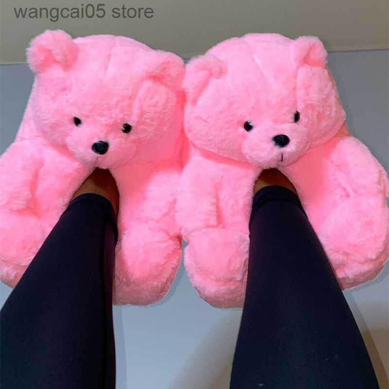 Pantoufles Femmes Chaudes Charme Naïf En Peluche Chaud Coton Pantoufles Amoureux Loisirs Maison Furry Ours En Peluche Diapositives Dessin Animé C