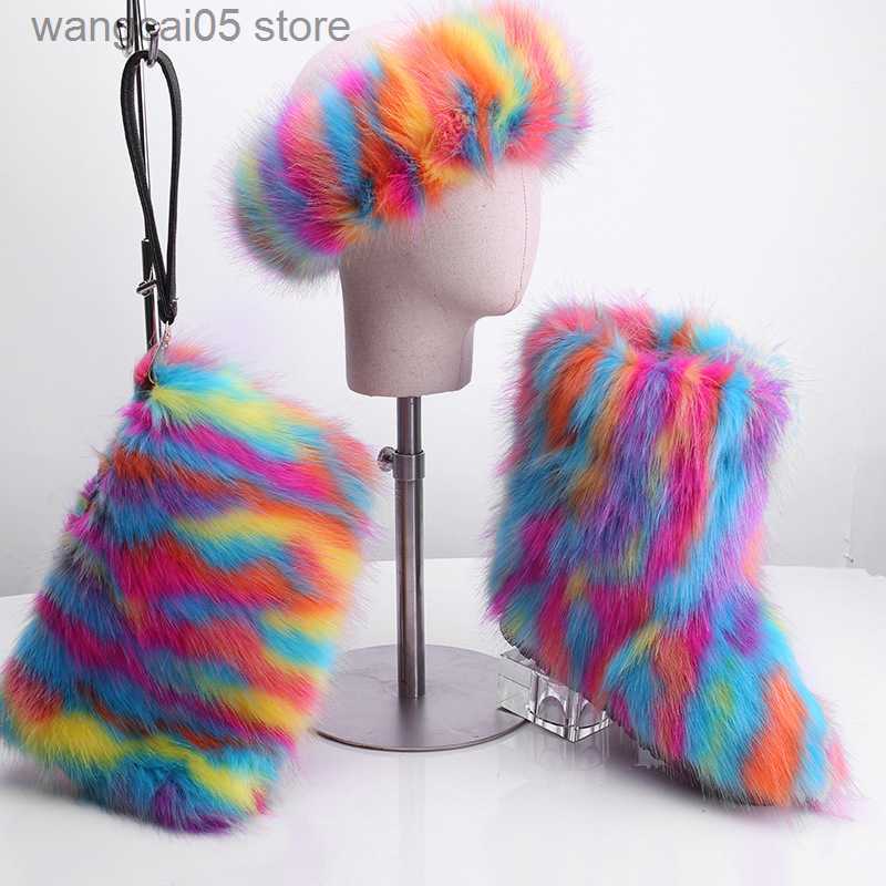 Chaussons Hiver Femmes Mode Chaud En Fausse Fourrure Bottes De Neige Ensemble Sac À Main Couverture De Cheveux Dames Hip Hop En Peluche Moelleux
