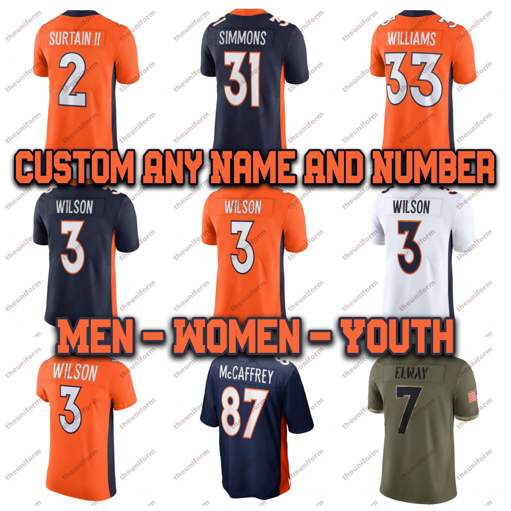 

Custom Mens 3 Wilson American Football Jerseys 2 Surtain II 31 Simmons 55 Chubb 14 Sutton 10 Jeudy 18 Manning Womens Youth Football Jersey Size -5XL, Black