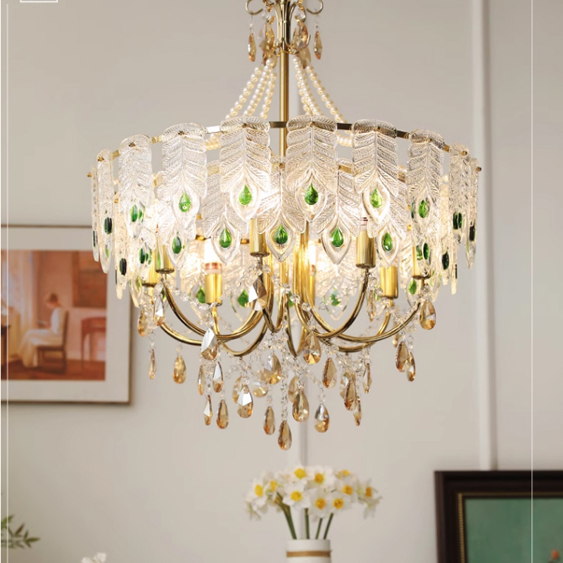French Luxury Green Crystal Pendant Lamps American Classic Chandelier Pendant Lights Fixture European Art Deco Dining Room Bedroom Restaurant Liv-image-884264505