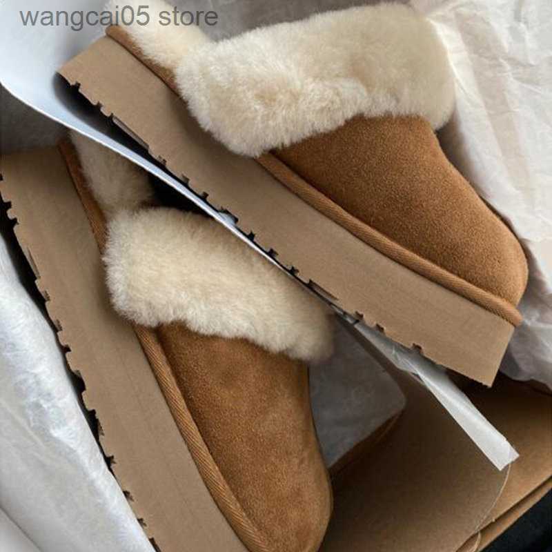 Slippers Winter Women Fur Slippers Warm Boots Platform Flip Flops 2022 New Short Plush Flats Home Cotton Shoes Suede Mules Ladies Boots T230712