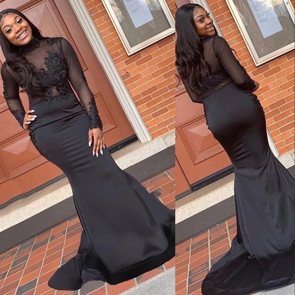 Black Evening Dresses Wear High Neck Long Sleeves Lace Appliques Beads Mermaid with Beaded Sweep Train Satin Formal Prom Party Gowns