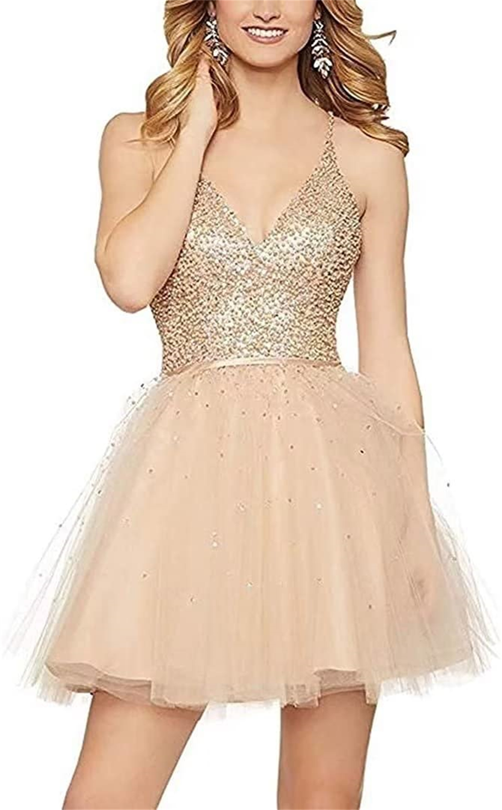 Short Homecoming Dresses Spaghetti Beading Sequins Deep V-Neck Ball Gown Party Gowns Princess Plus Size Mini Birthday Prom Graudation Cocktail Pa