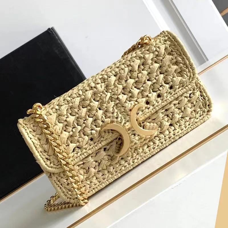 Evening Bags 7A Plant Woven Chain Tote Women Designer Shoulder Handbags All Steel Letter Lock Buckle Armpit Hollow Crossbody Pouch Top Quality Beach