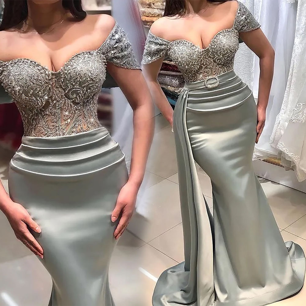 Arabe grande taille gris sirène Sexy robes de soirée dentelle perlée Satin bal formelle fête deuxième réception robes