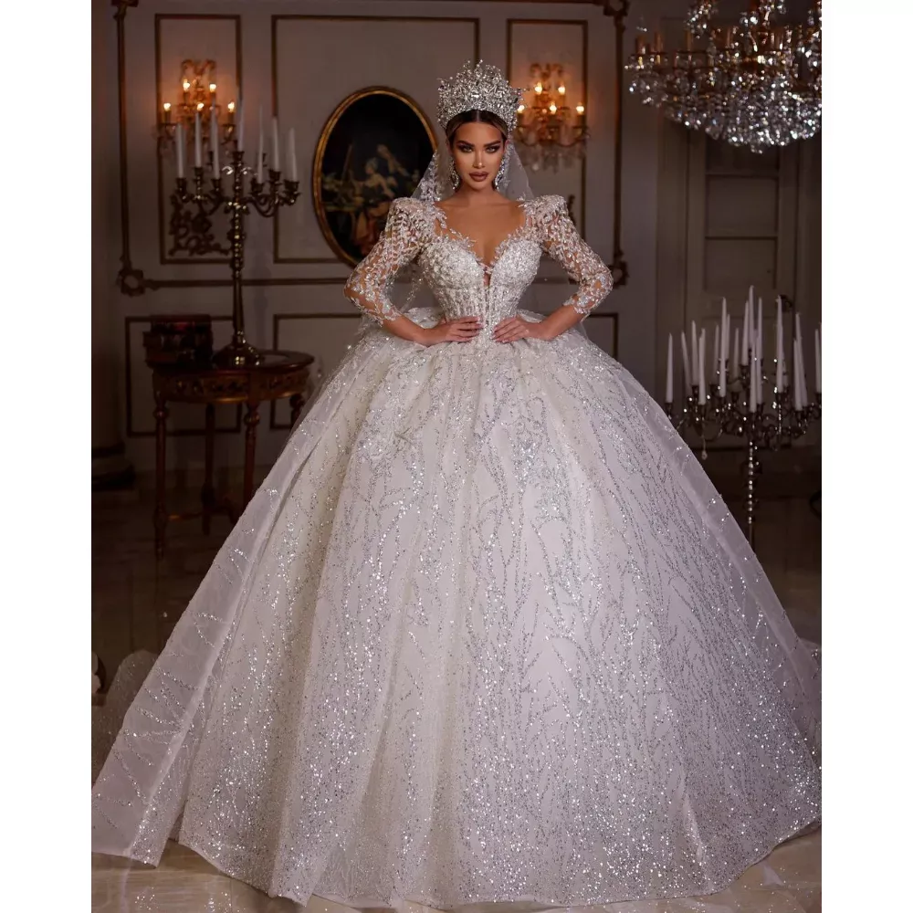 Princess Bridal Gowns: Elegant V-Neck Wedding Dress with Beaded Illusion Sleeves, Crystal Accents & Fluffy Skirt - A-Line Fairy Bride Dresses
