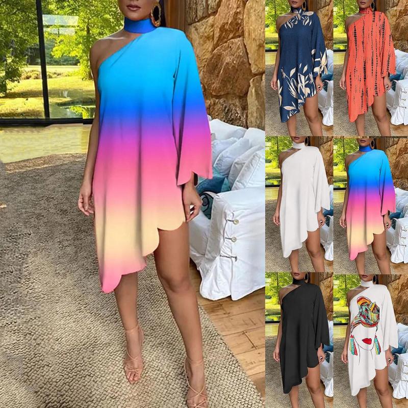 

Casual Dresses Clothes For Women Slim Skin-Friendly Elegant Gradient Color One Shoulder Loose Summer Dress Sale Vestidos, Black