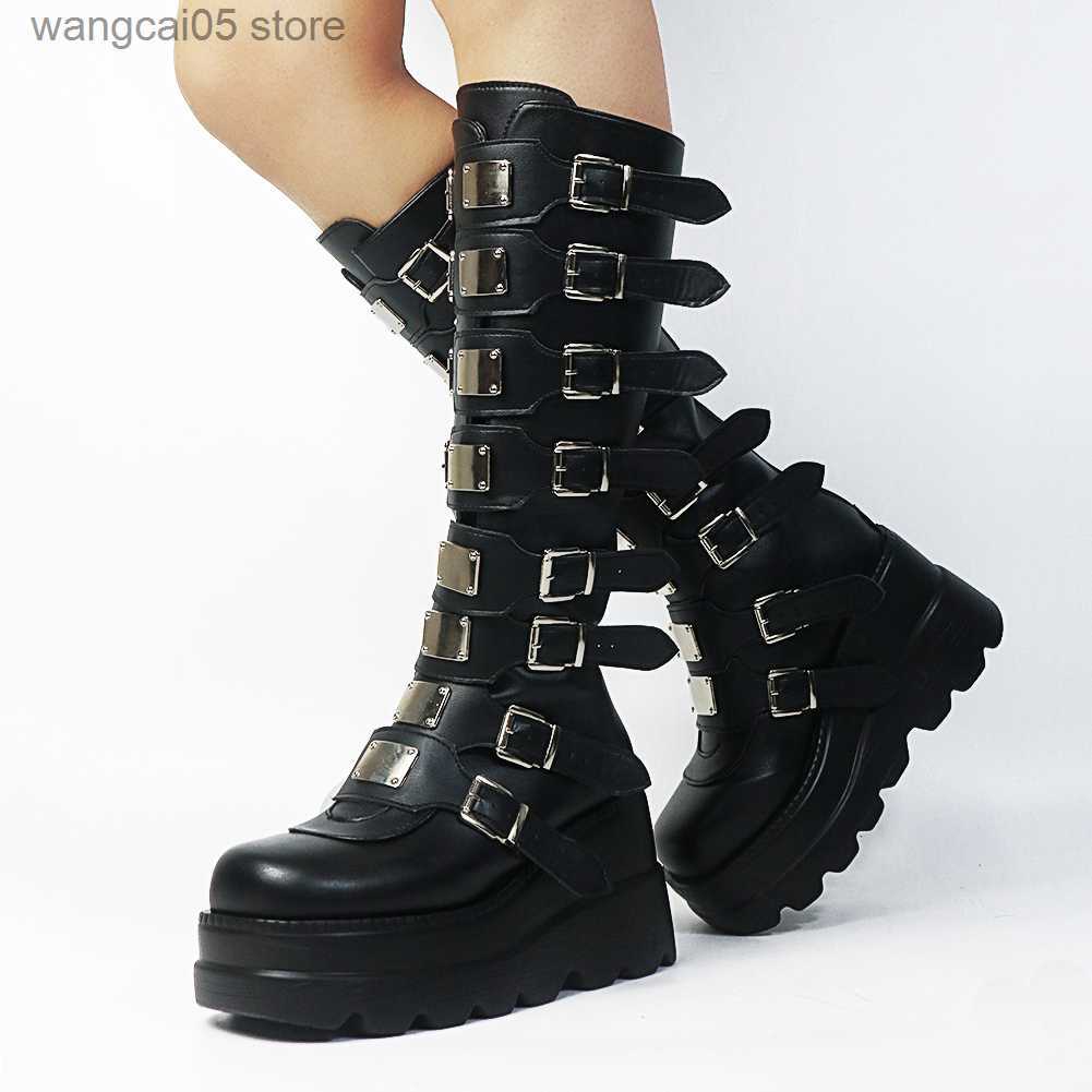 Bottes Goth Punk marque plate-forme hautes compensées femmes bottes hautes boucle zip cosplay noir blanc sur les bottes au genou chaussures femme