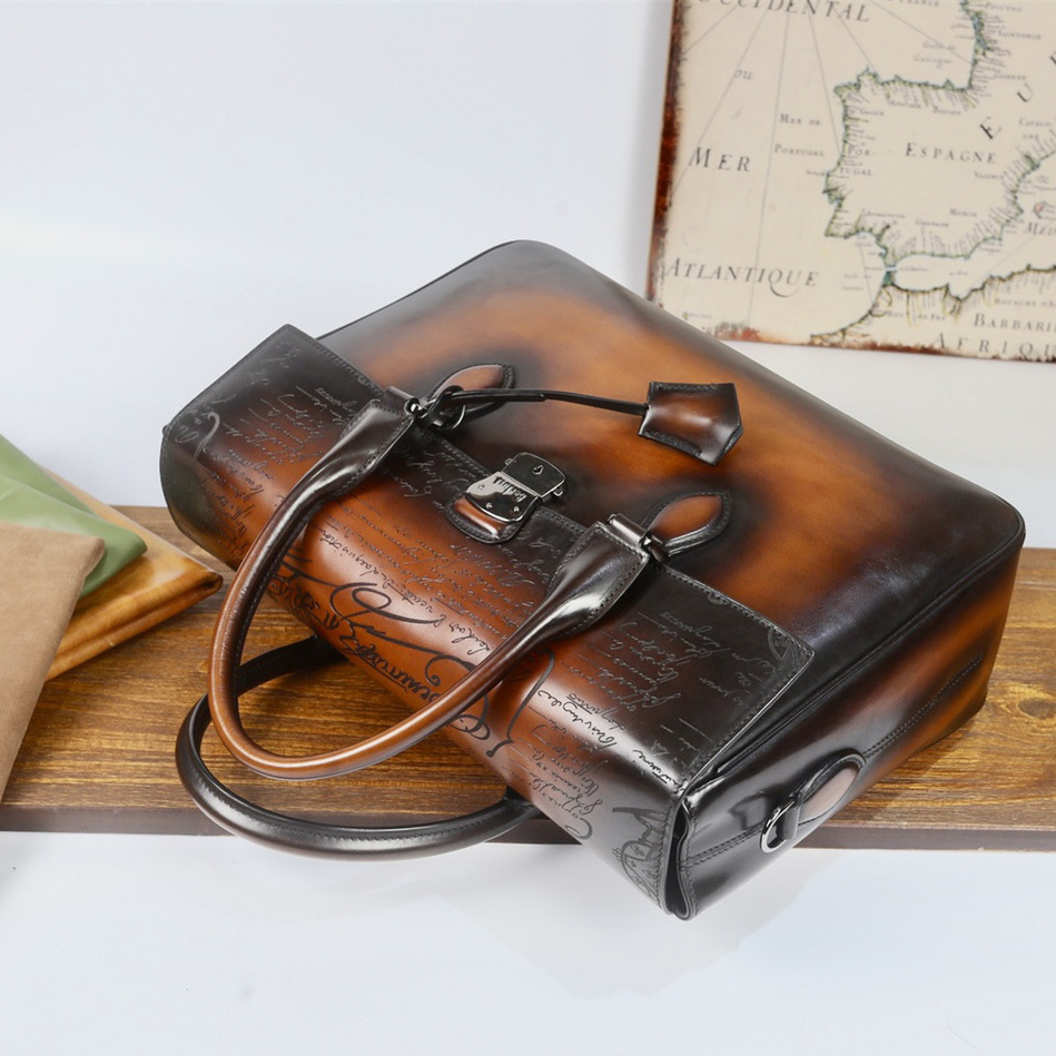 

Berluti men's E'Mio Briefcase Genuine Leather handbag messenger bag men's business bag fashion attach leisure shoulder bag Handmade ancient method coloring, Gray