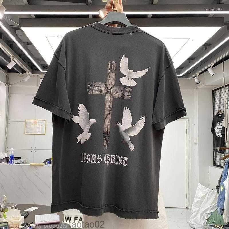 

Men's T Shirts Oversize Summer Vintage Shirt Men Women High Quality Religious Portrait Cross Dove Print Short Sleeve Tee Casual Washed TeesQQC4