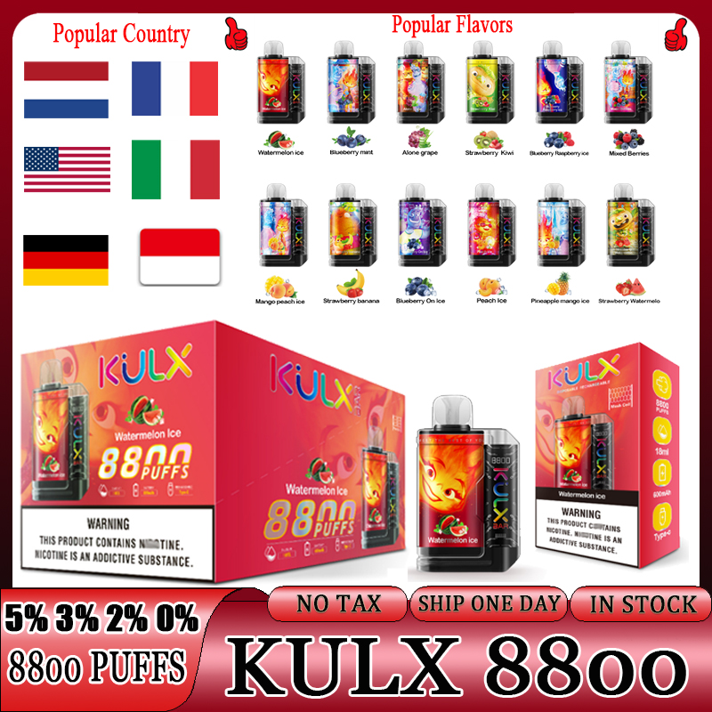 

Original Kulx 8800 Puffs E Cigarette Vapers Desechables Vape desechable 12 Flavors 18ml Rechargeable Disposable Vape Pen Device Pod S Vapes Kit Puff 8800 BARS 0% 2% 3% 5%