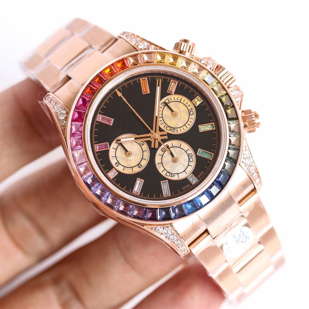 

classic Style BGF Super quality Men's Wristwatches Rose gold 40mm Colored diamond bezel sapphire Luminous Swiss7750 Mechnaical Automatic Chronograph mens watches, Multi-color