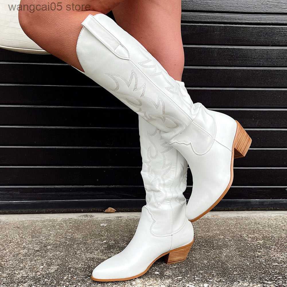 Bottes 2024 Grand tube circonférence 34-44 taille pointu pointu à talons mi-talons brodés Bottes de cowboy hautes x452 pour les femmes T241008