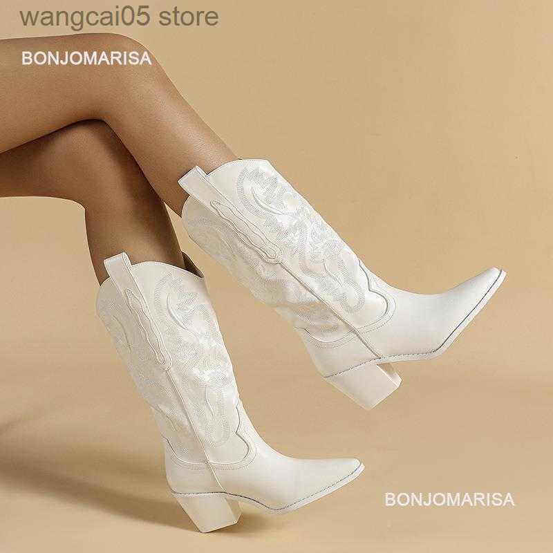Boots Emboridery Boots Women Fashion Slip On Pure White Western Boots Cowboy Cowgirls Vintage Shoes 2023 Brand New Pointed Toe T230713