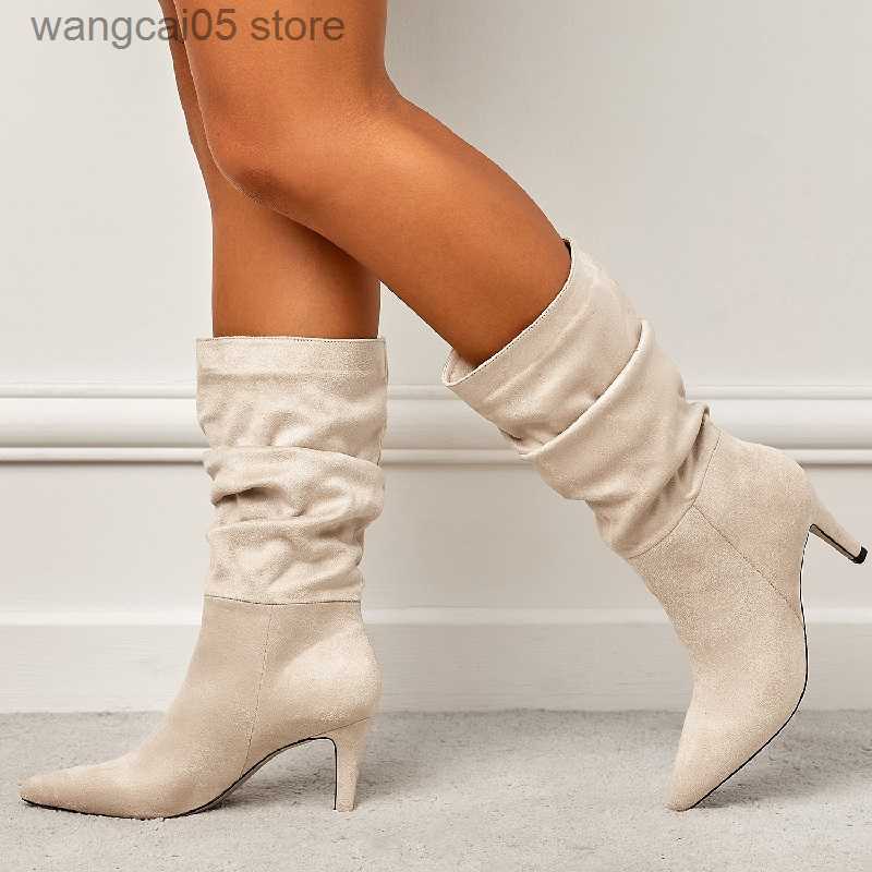 Stiefel Eilyken Plissee Spitze Zehen ANKLE Stiefel Frauen Mode Dünne Low Heels Schuhe Herbst Vintage Western Mid-Kalb Booties Zapatos mujer T230713