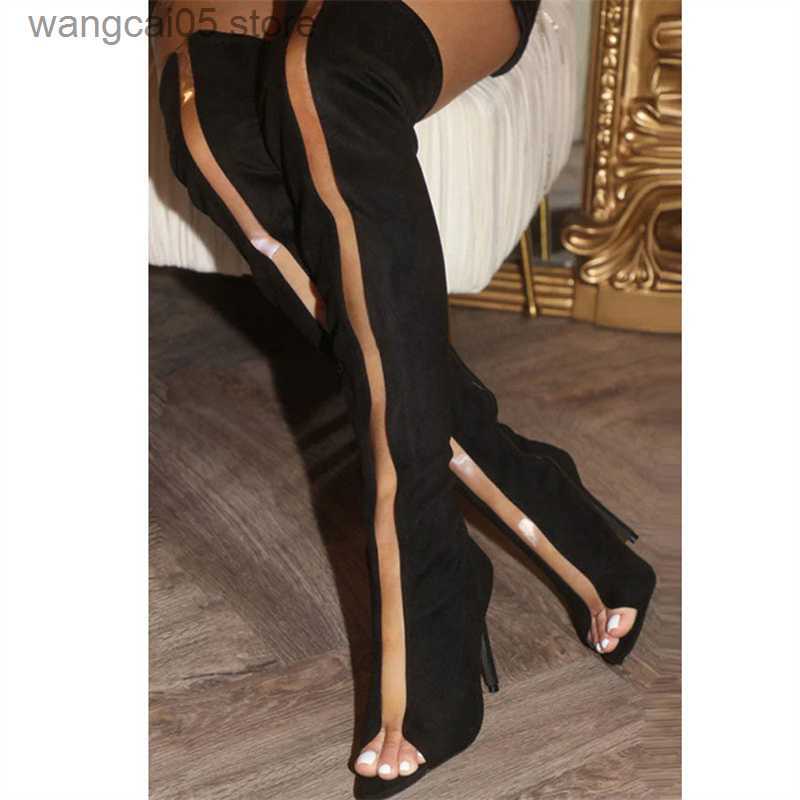 Boots 2023 Spring New Fashion Fish Mouth Boots Sexy Stiletto Lady Shoes Large Size Imitation Suede Over The Knee High Heel Cool Boots T230713