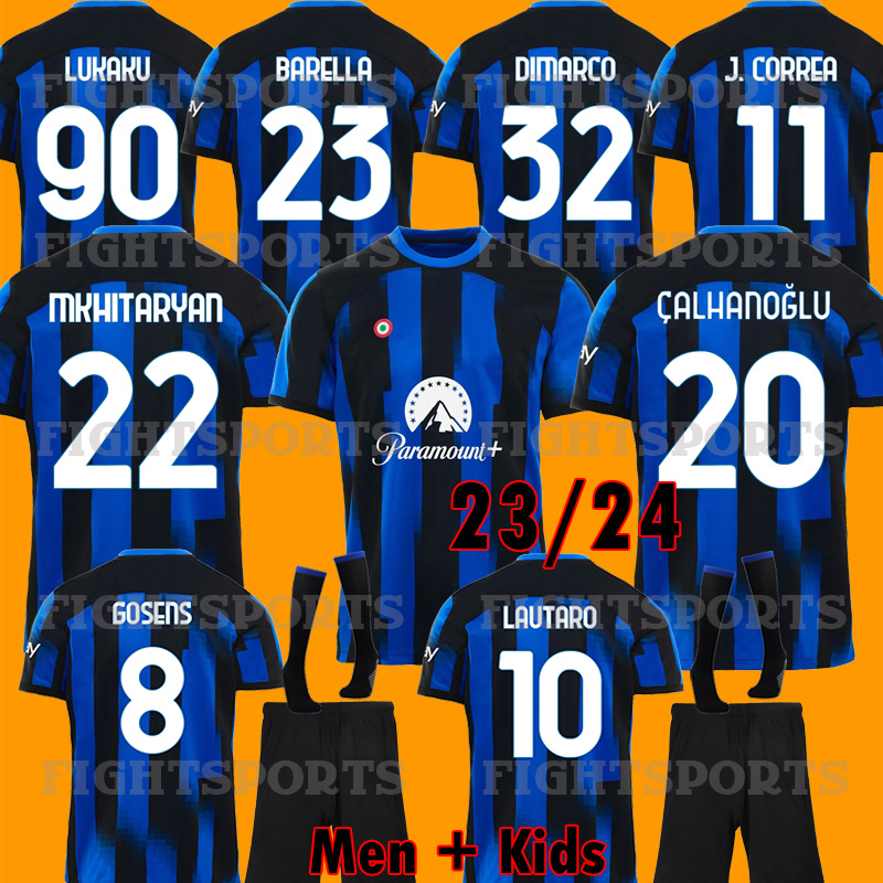 

LAUTARO 23 24 inters soccer jerseys BARELLA CORREA CALHANOGLU BROZOVIC GOSENS INTERS DE VRIJ MILANS top 2023 2024 home football shirt men kids kit set uniform, 23 24 home kids socks