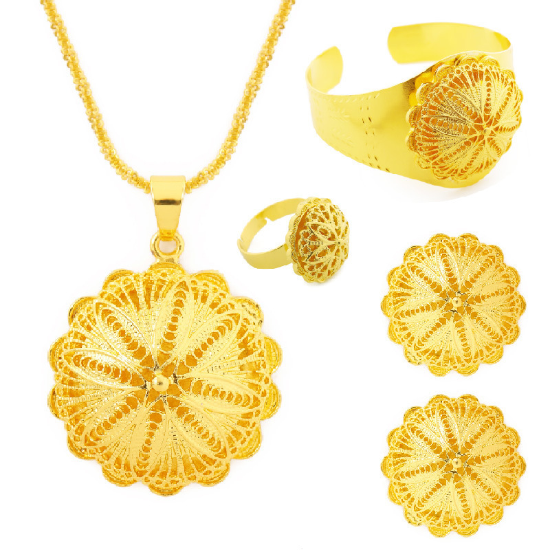 

Wedding Jewelry Sets Dubai 24 K Gold Jewelry Set Bridal Necklace Bracelet Earring Ring Set of Four
