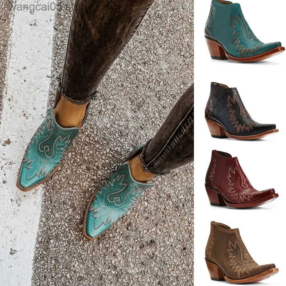 Stiefel Bonjomarisa 2021 Neue trendige weibliche weibliche spitze Zehenstiefel für Frauen lässig Chunky Heel Vintage Stickerei Cowboy Schuhe Frau T2