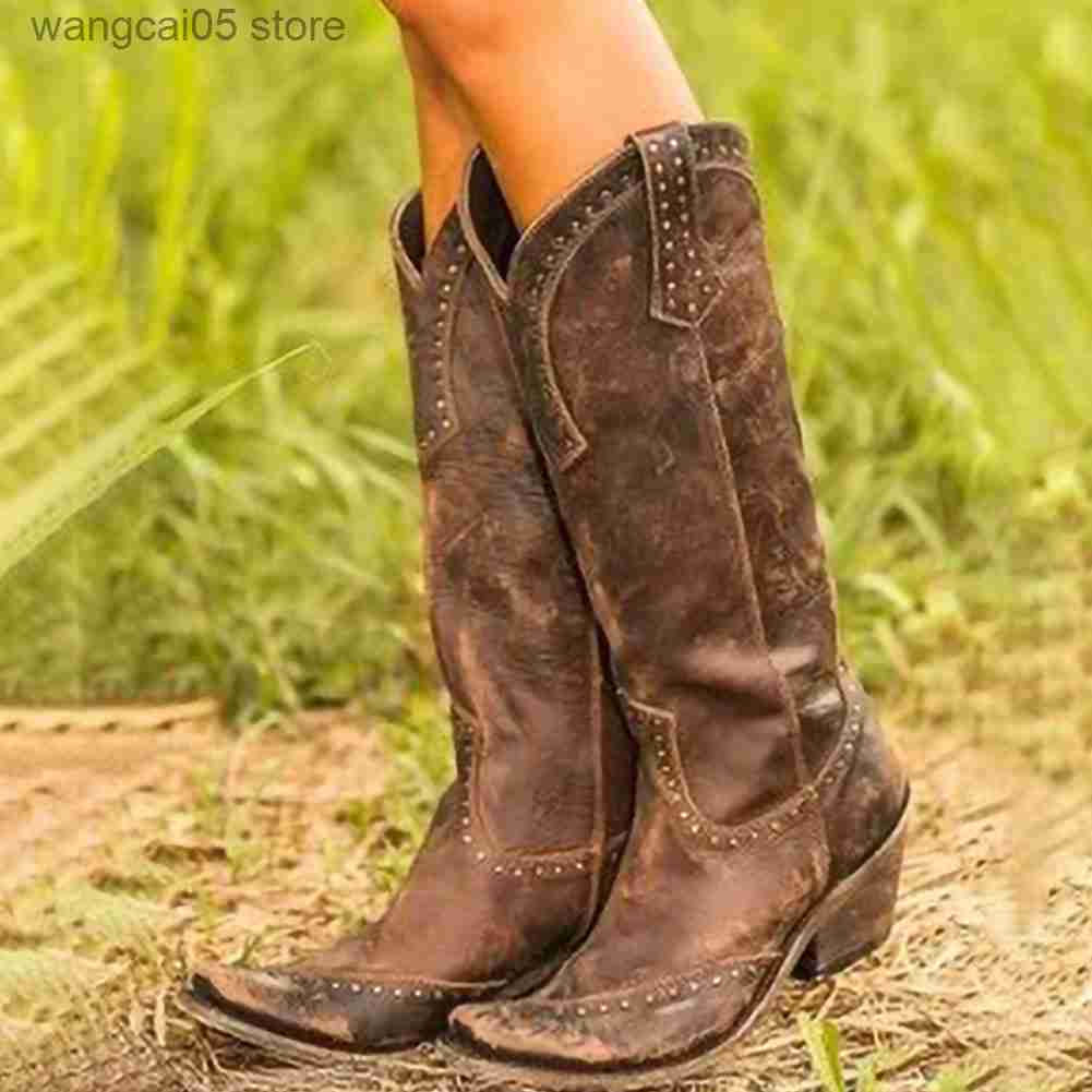 Stiefel BONJOMARISA 2021 Cowboy Cowgirl Spitze Zehen Mitte Wade Stiefel Für Frauen Chunky Heels Casual Vintage Freizeit Casual Western Stiefel T2307