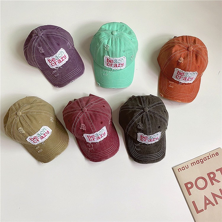 

American vintage patch cloth torn and ground fur wine red duck cap with wide brim candy color casual shade baseball cap, Wine red 5