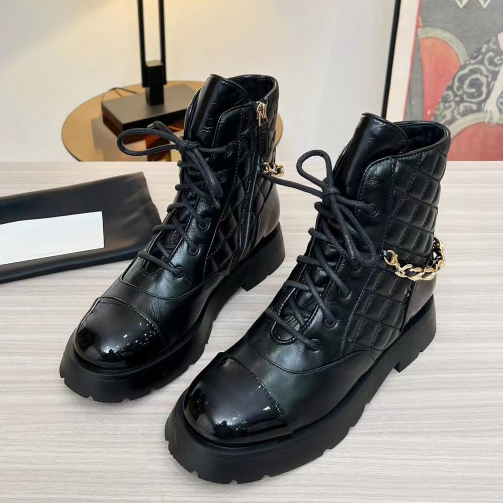 

Genuine leather low heel Ankle Boots leather check lace-up side zipper combat booties women's outdoor shoes luxury designers brands shoe factory footwear With box, Black