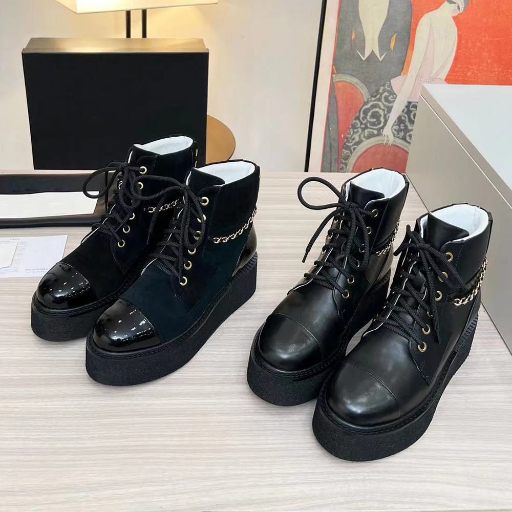 

Full Grain Leather Platform Ankle Boots Black cowskin Suede lace-up round toe flat boots women's outdoor shoes luxury designers ankle boot factory footwear With box