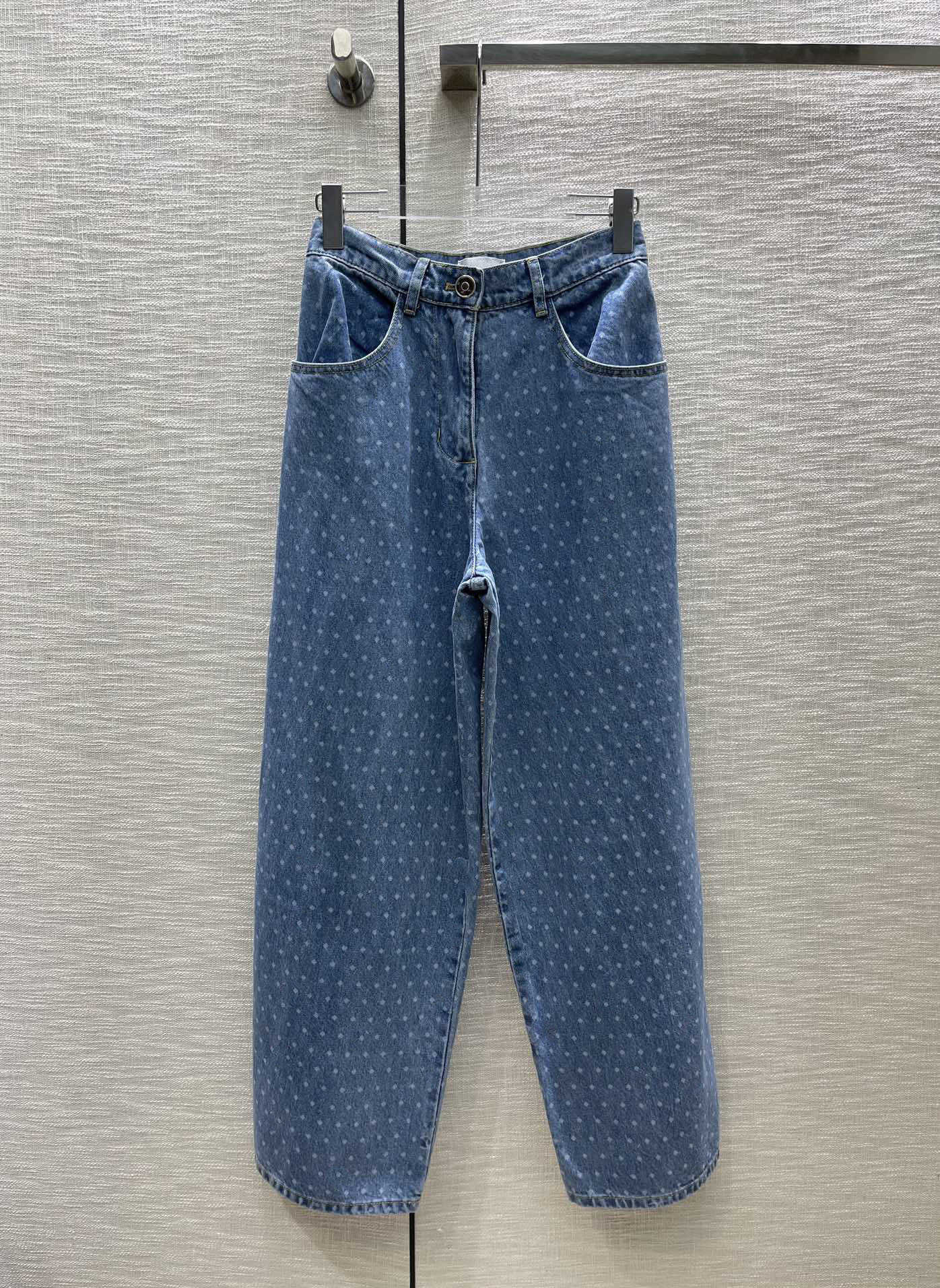 

Jeans Women Brand Logo Print Wavy-dot Printed High-waisted Denim Straight Trousers Imported Fabric Irregular Cut Retro Style Pants Designer Jeans Womens Clothes